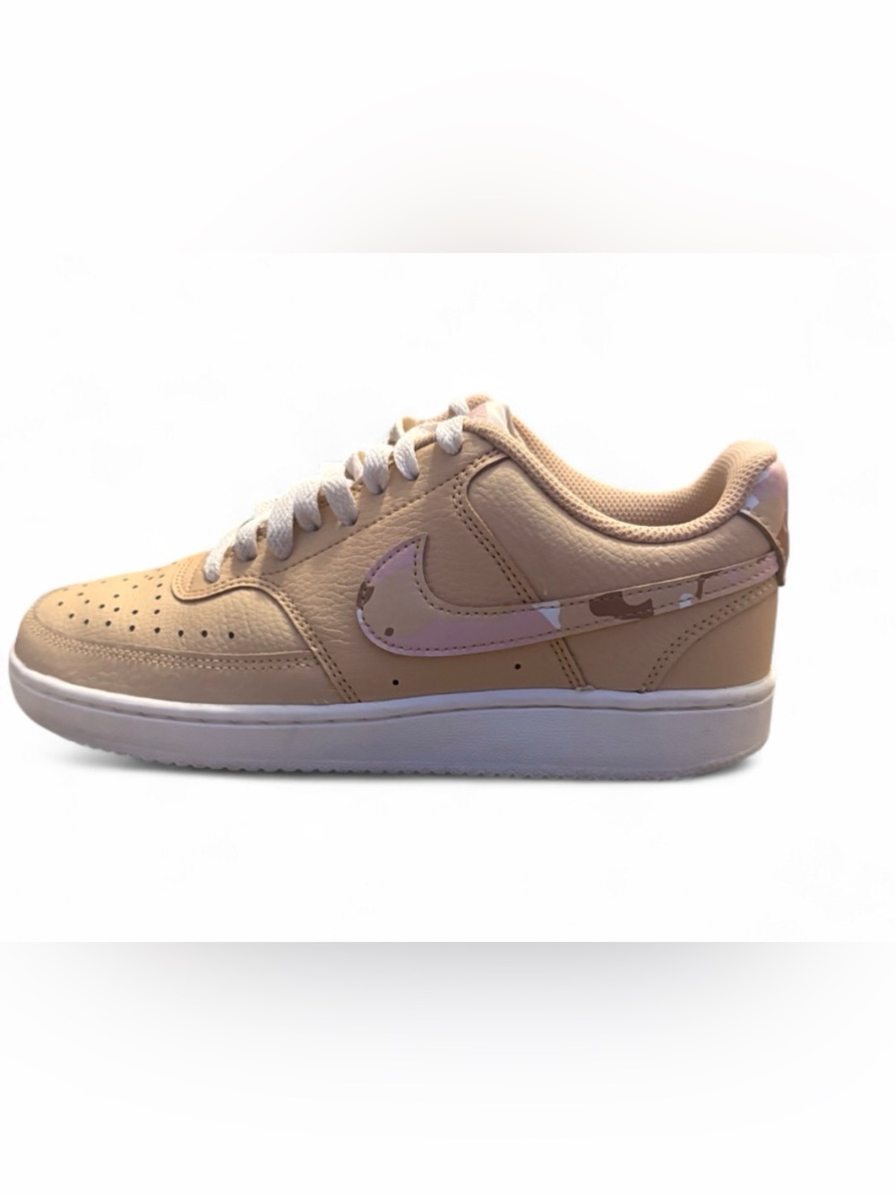 Nike Kids Tan Sneakers with Pink Camo Swoosh